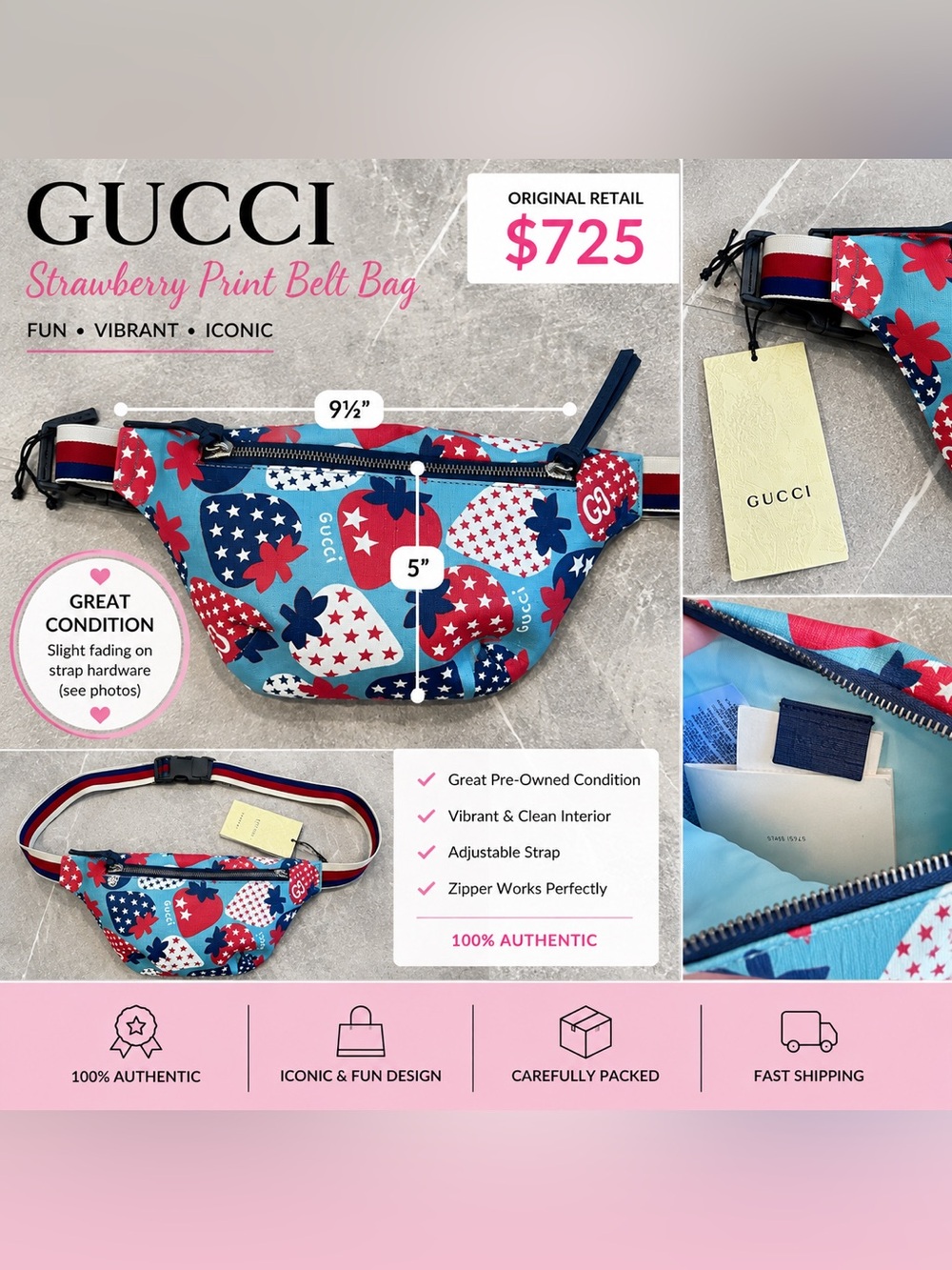 Gucci Blue, Red & White Strawberry Print Crossbody Belt Bag